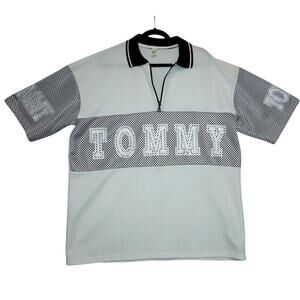 Tommy Hilfiger 90s Mesh Panel Half-Zip Polo Shirt – Black White Logo – Size XL